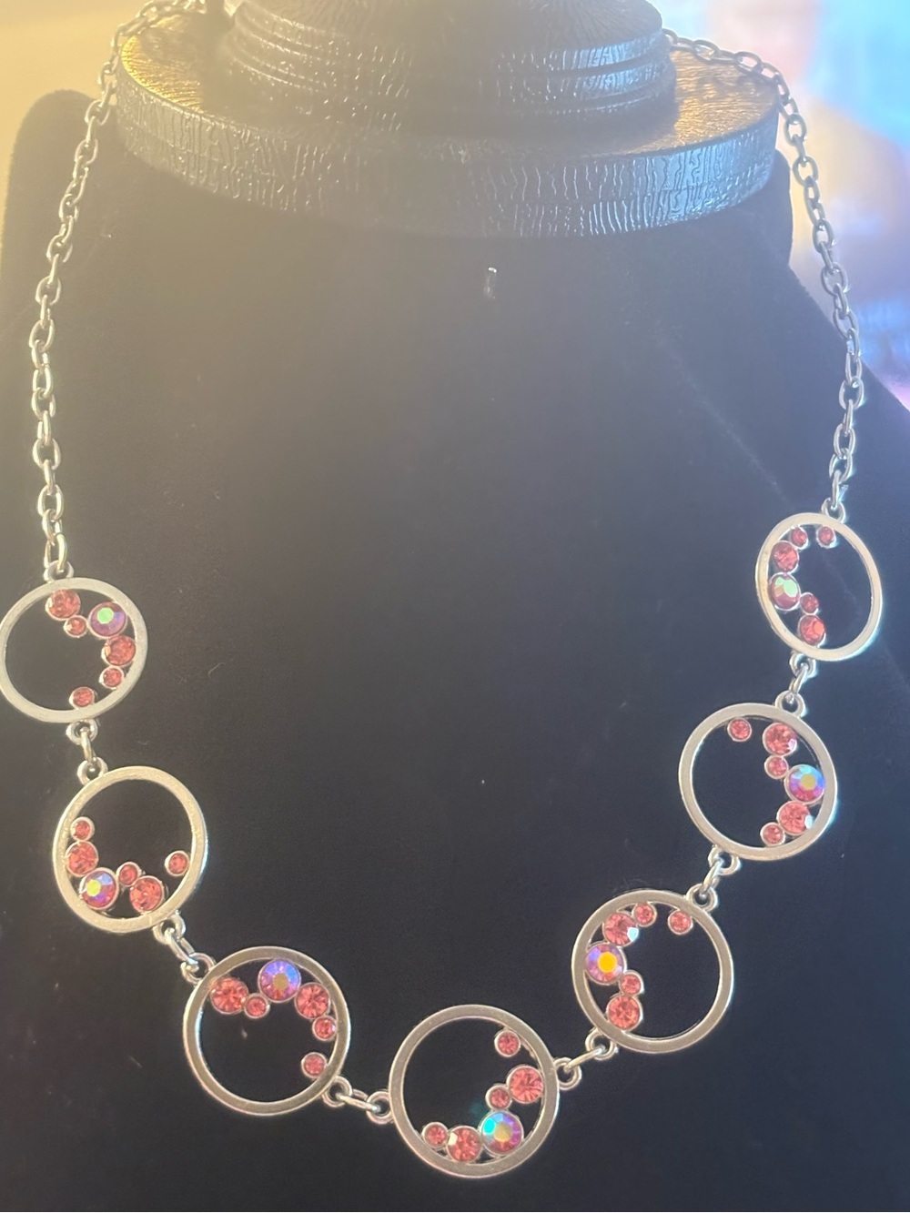 Silver Circle Necklace with Pink Crystal Accents